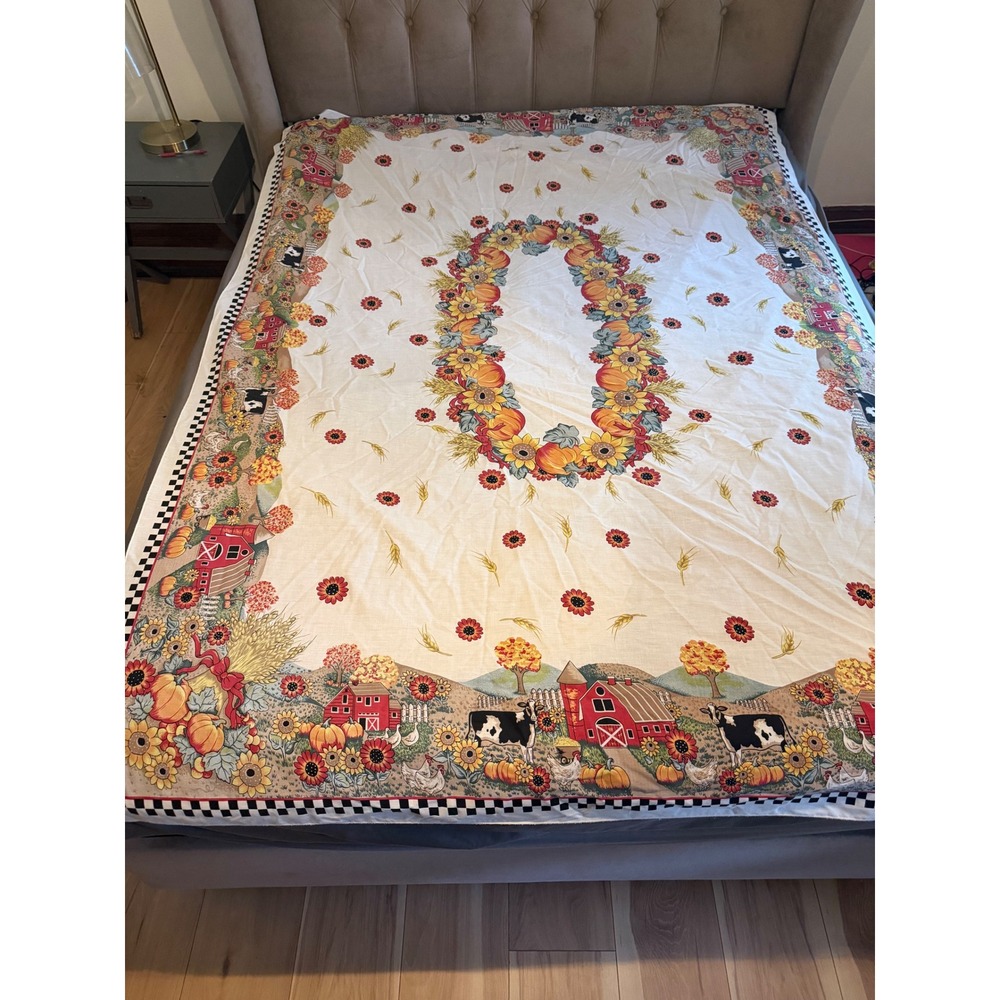 Vintage Harvest Farm Tablecloth Pumpkin Barn Cow Fall Thanksgiving 84x58 country